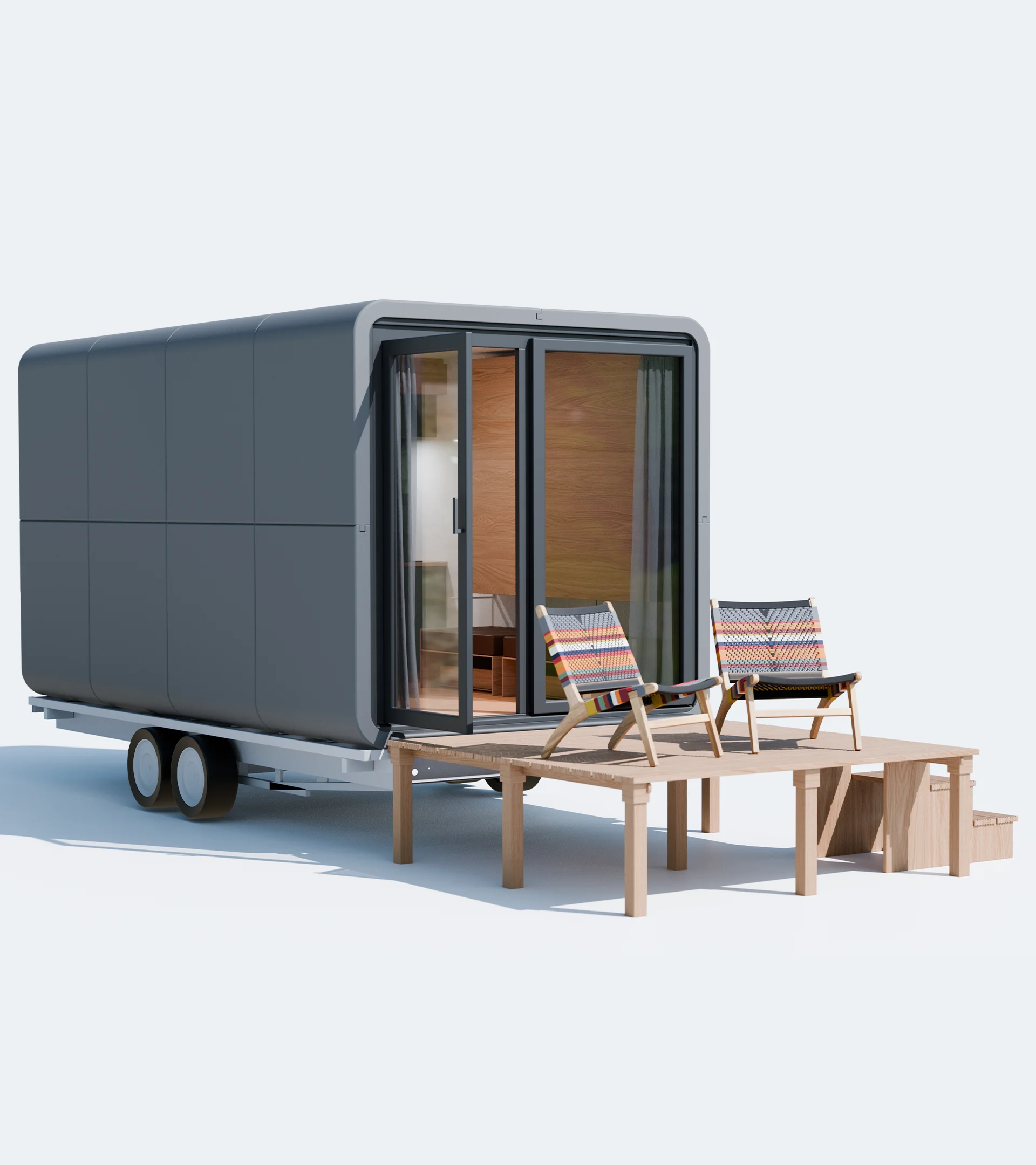 Ausgeklappte Terrasse und Panoramafront der NOMAD Microlodge