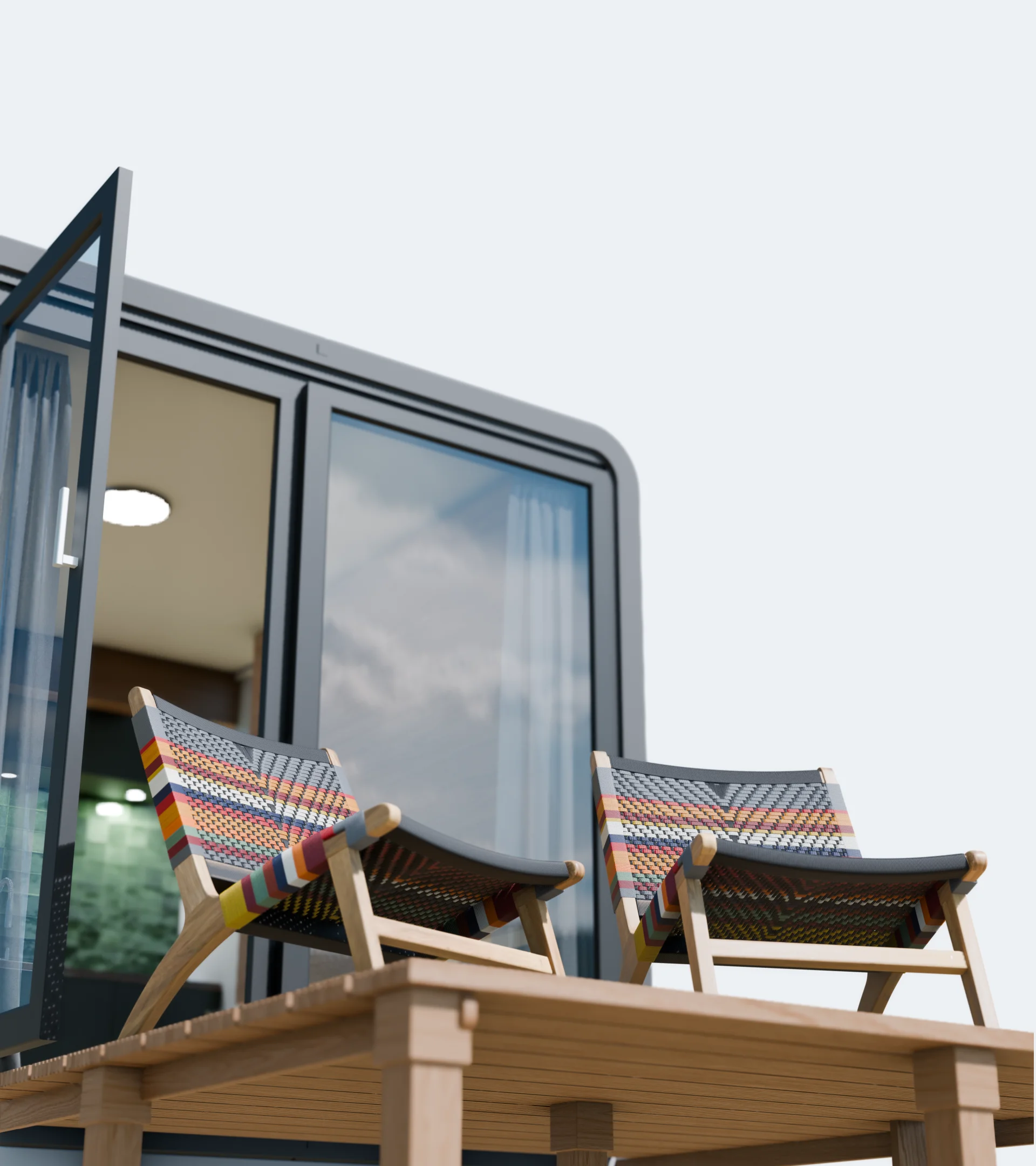 Detailansicht der Terrassenmöbel der NOMAD Microlodge